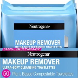 Neutrogena Cleansing Fragrance Free Makeup Remover Face Wipes, Cleansing Facial Towelettes for Waterproof Makeup, Alcohol-Free, Unscented, 100% Plant-Based Fibers, Twin Pack, 2 x 25 ct